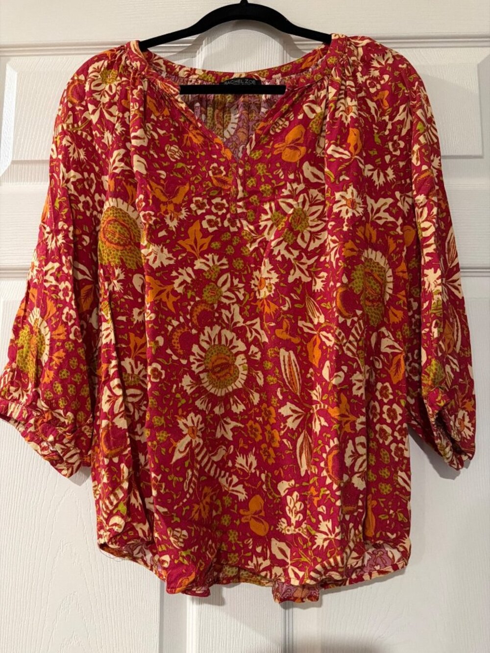 Rachel Zoe Floral Print 3/4 Sleeve Blouse 1X Red Pink & Orange Boho Style
